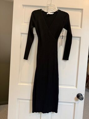 Astr Black Long Sleeve Wrap-Front Midi Dress